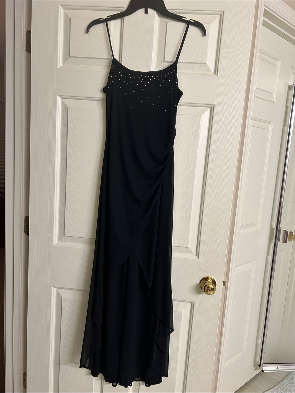 Black Evening Spaghetti-Strap Pant-Dress with Rhinestone Detail